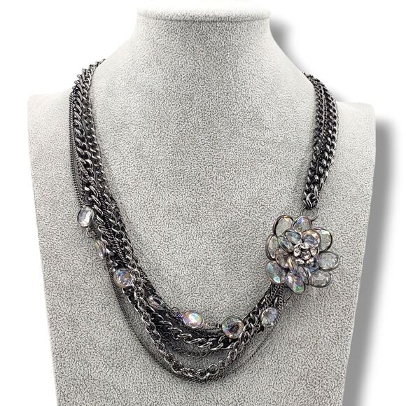 Simply Vera Wang Multi Strand Chain Bezel Set Glass Rhinestone Flower Necklace - Picture 1 of 8